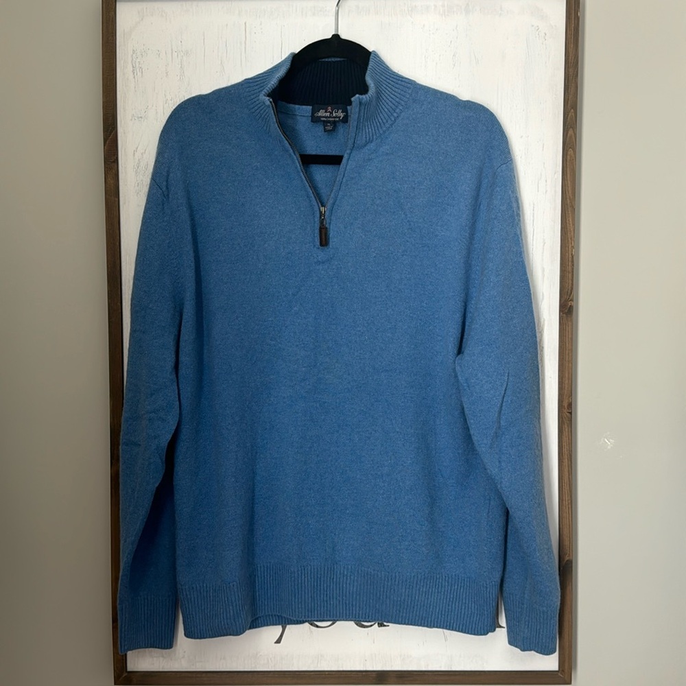 Allen Solly Men’s XL 100% blue cashmere sweater with brown leather 3/4 zip up